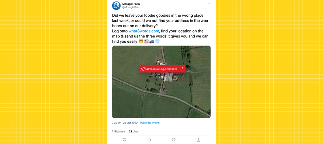 Tweet by Mossgiel Farm who are now accepting what3words addresses for deliveries during lockdown.